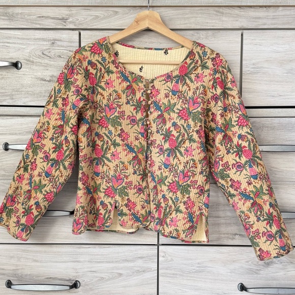 Vintage Reversible Quilted Floral Jacket Cream Cotton Cottagecore Boho Handmade - Picture 2 of 13